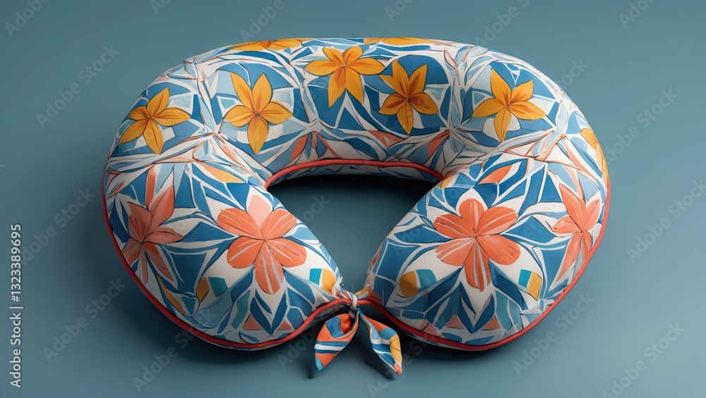 Fototapeta premium Geometric patterned neck pillow with vibrant orange and blue flowers, centrally positioned against a soft teal background in 3D rendering.