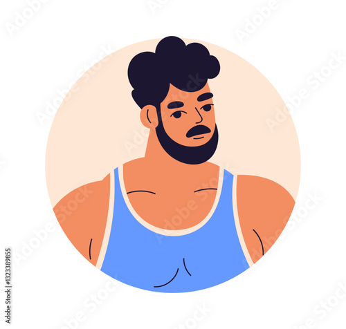 Muscular man avatar. Fit guy with muscles, male athlete with beard. Strong bo...