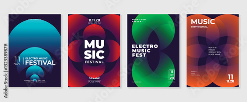 Music poster design background vector set. Electro Sound Cover template with vibrant abstract gradient geometric shape. Ideal design for social media, flyer, party, music festival, club.