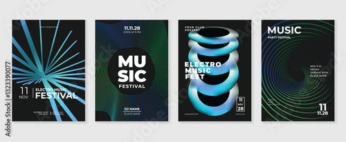 Music poster design background vector set. Electro Sound Cover template with vibrant abstract gradient geometric shape. Ideal design for social media, flyer, party, music festival, club.