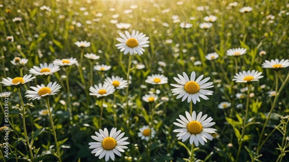 Fototapeta premium Daisy field bathed in golden sunlight, capturing the essence of nature