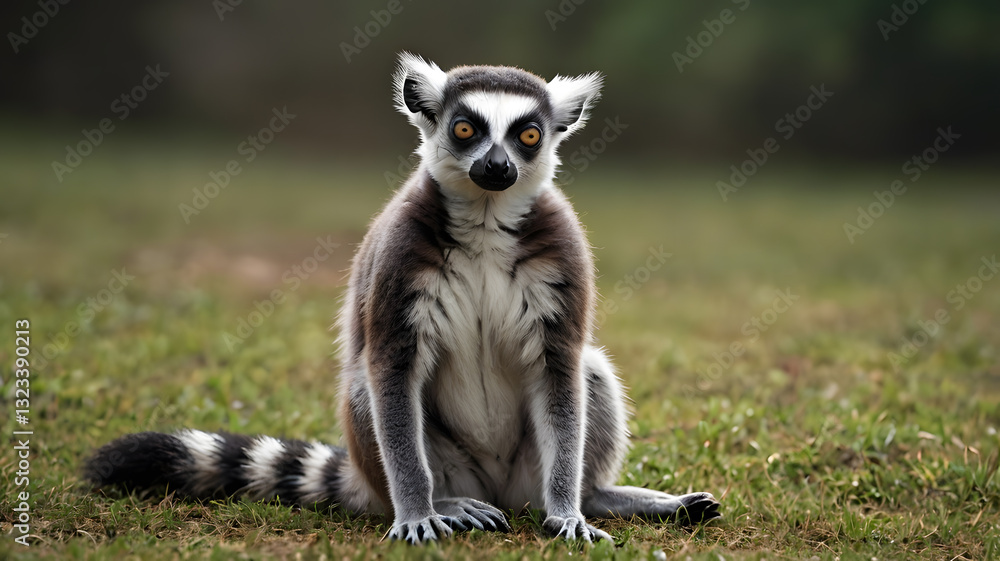 Obraz premium Ring Tailed Lemur Sitting on Grass Looking at the Camera