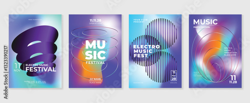 Music poster design background vector set. Electro Sound Cover template with vibrant abstract gradient geometric shape. Ideal design for social media, flyer, party, music festival, club.