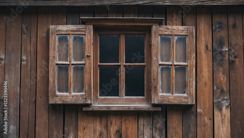 Rustic wooden window with open shutters set against a textured brown wooden wall, showcasing a vintage aesthetic and natural hues.