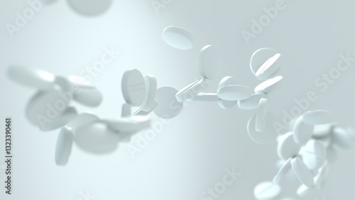 Fotografie 3D render of white pharmaceutical tablets in free fall, dynamically suspended in