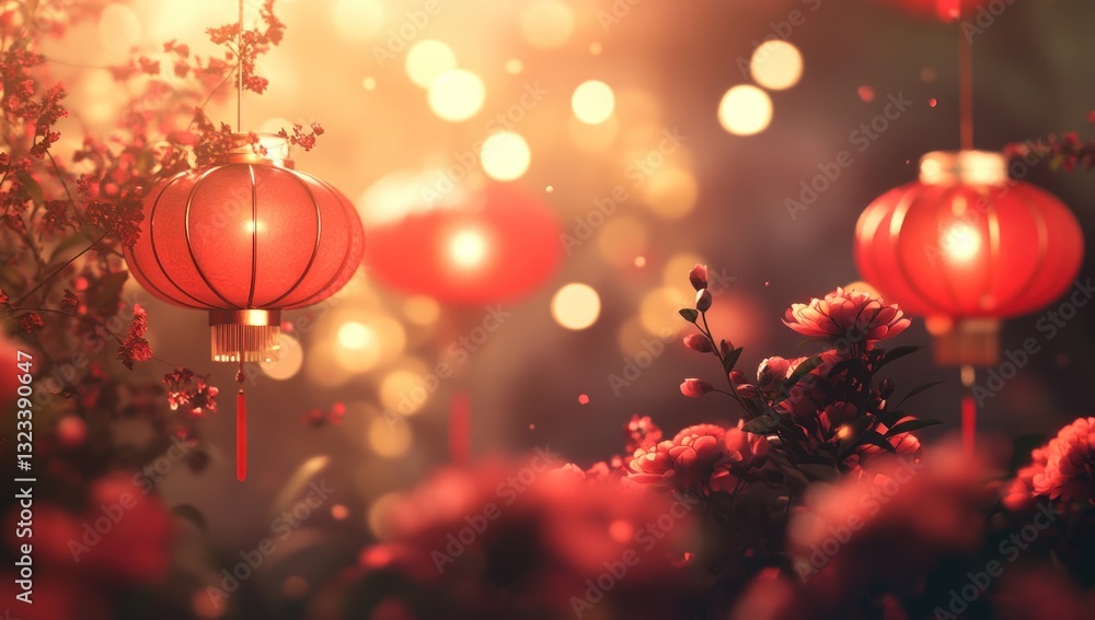Red lanterns and flowers in warm light.