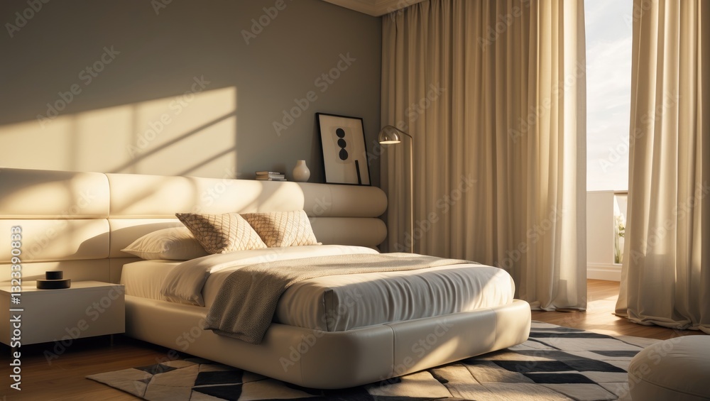 Contemporary bedroom interior featuring soft beige tones, large floor-to-ceiling curtains, crisp white bedding, and minimalist decor. Natural light streaming in. Contemporary bedroom interior featuring soft beige tones, large floor-to-ceiling curtains, crisp white bedding, and minimalist decor. Natural light streaming in.