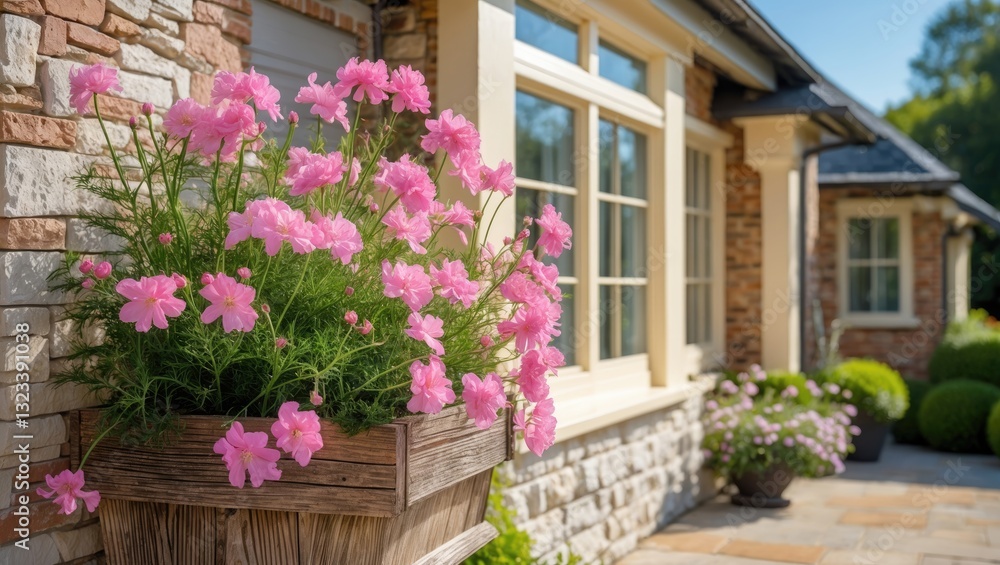 Fototapeta premium Vibrant pink flowers in a wooden planter at house corner, complemented by warm stone exterior and sunlight illuminating the inviting scene.