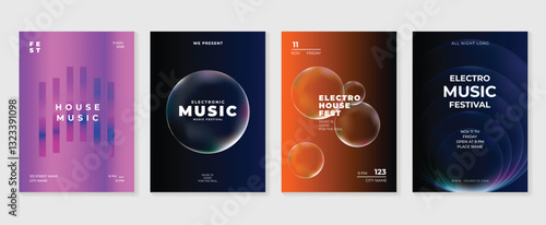 Music poster design background vector set. Electro Sound Cover template with vibrant abstract gradient geometric shape. Ideal design for social media, flyer, party, music festival, club.