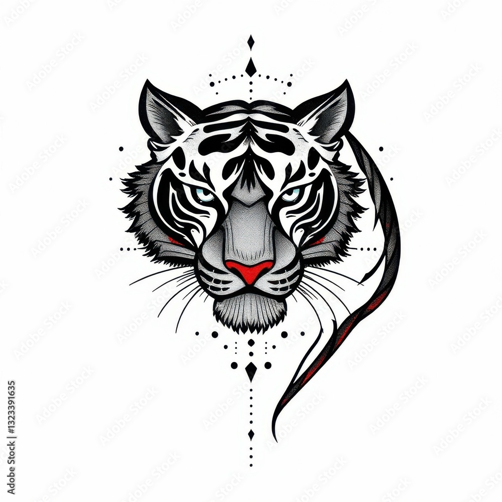 Obraz premium Tiger's Geometric Portrait: A fierce tiger portrait with striking geometric elements, featuring bold lines and intricate patterns, exuding strength and wildness. 