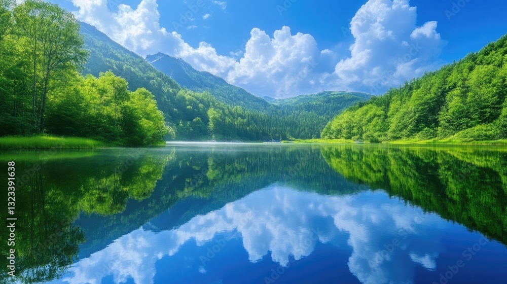 Serene Mountain Lake Landscape with Reflections, Lush Green Forest and Dramatic Blue Sky with Clouds Serene Mountain Lake Landscape with Reflections, Lush Green Forest and Dramatic Blue Sky with Clouds