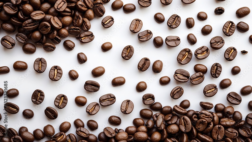 Obraz premium Scattered dark brown coffee beans on a bright white background arranged in a random pattern showcasing their unique texture and shape.