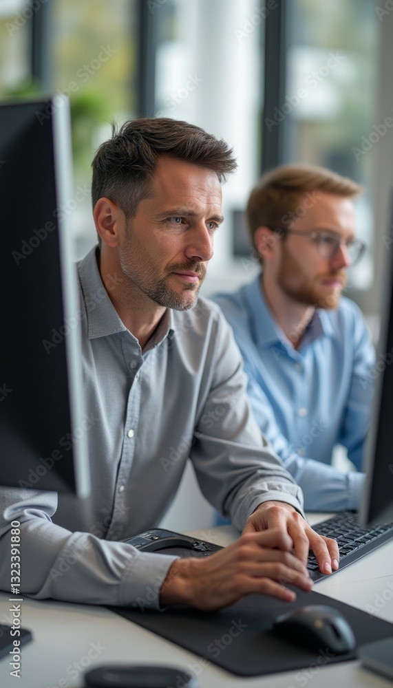 Two men, one with light brown hair and a beard, and the other with glasses, are intently working at their computers in a bright, contemporary office space. The image captures a moment of concentration Two men, one with light brown hair and a beard, and the other with glasses, are intently working at their computers in a bright, contemporary office space. The image captures a moment of concentration