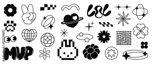 Set of y2k and groovy elements vector. Hand drawn collection of pixel, fluffy, arrow, flower, heart, eye, saturn in black and white color. Design for print, cartoon, card, decoration, sticker.