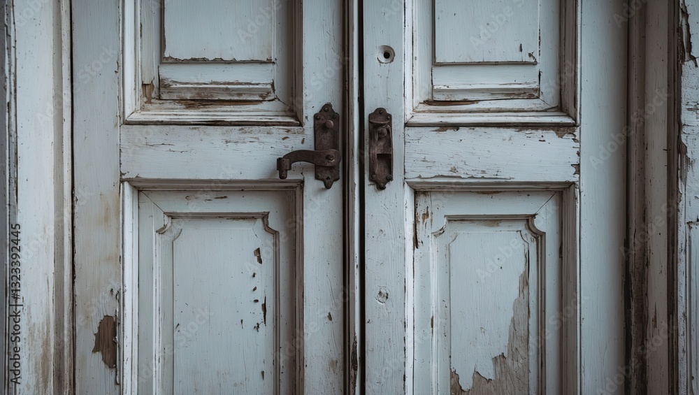 Naklejka premium Weathered blue door with chipped paint and rusty handles, center composition showcasing textures and details of a vintage closed door.