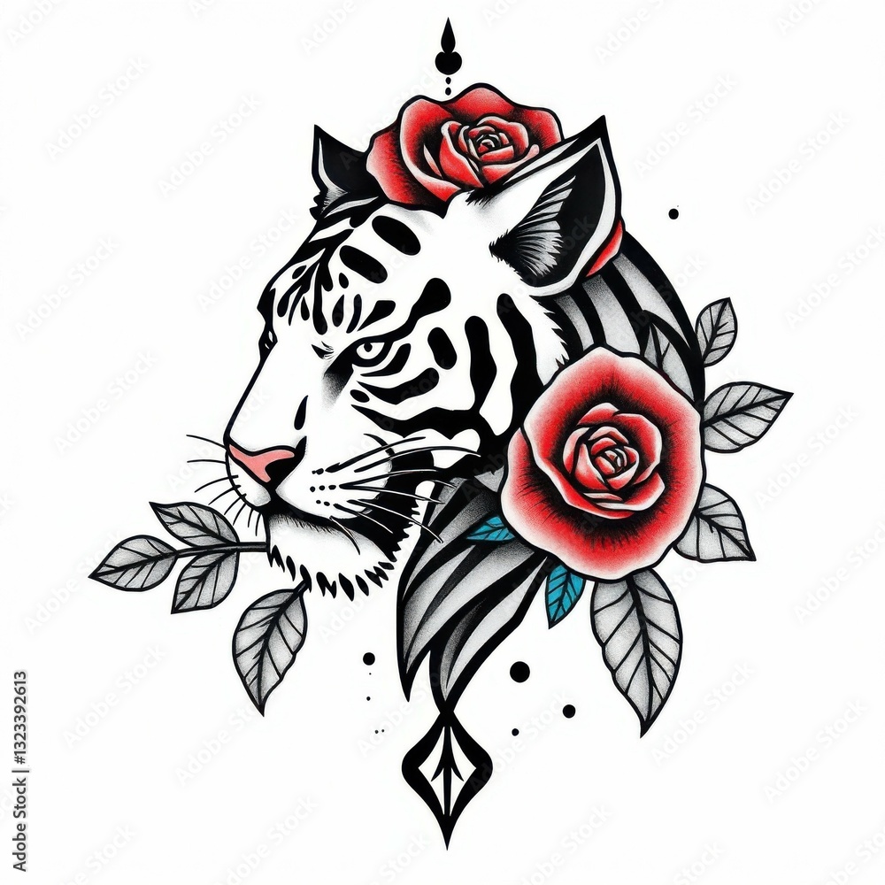 Obraz premium Tiger and Rose Illustration: An artistic depiction of a tiger adorned with vibrant roses and intricate details, set against a simple backdrop, evoking a sense of power, beauty, and elegance.
