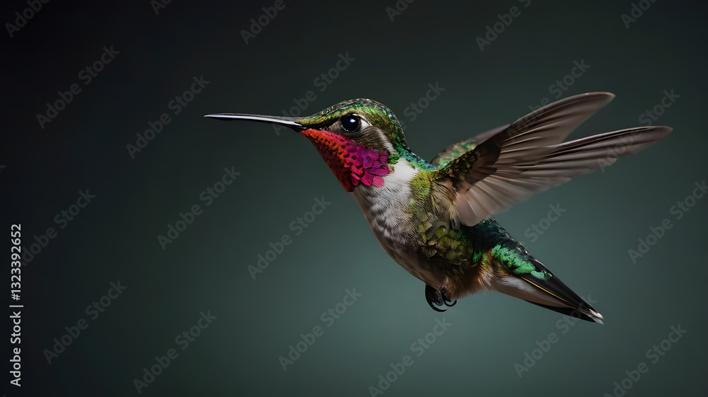 Obraz premium Hummingbird Flying with Wings Spread Close-up Portrait on Dark Background