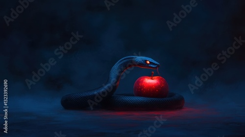 Dark and Tempting Scene Featuring a Mysterious Snake Coiled Around a Glowing Red Apple in an Enigmatic Atmosphere