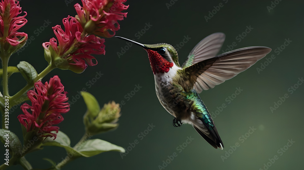 Fototapeta premium Hummingbird Flying Near Red Flowers with Green Background in Nature