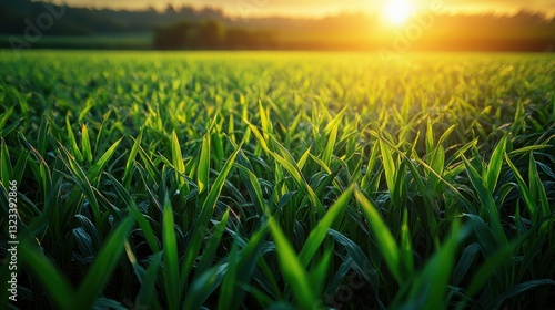 Calm Green Field Under Golden Sunset Glow