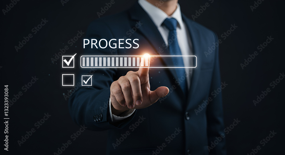 professional businessman touches a digital progress checklist symbolizes task management futuristic digital interface for task management and progress tracking. professional businessman touches a digital progress checklist symbolizes task management futuristic digital interface for task management and progress tracking.