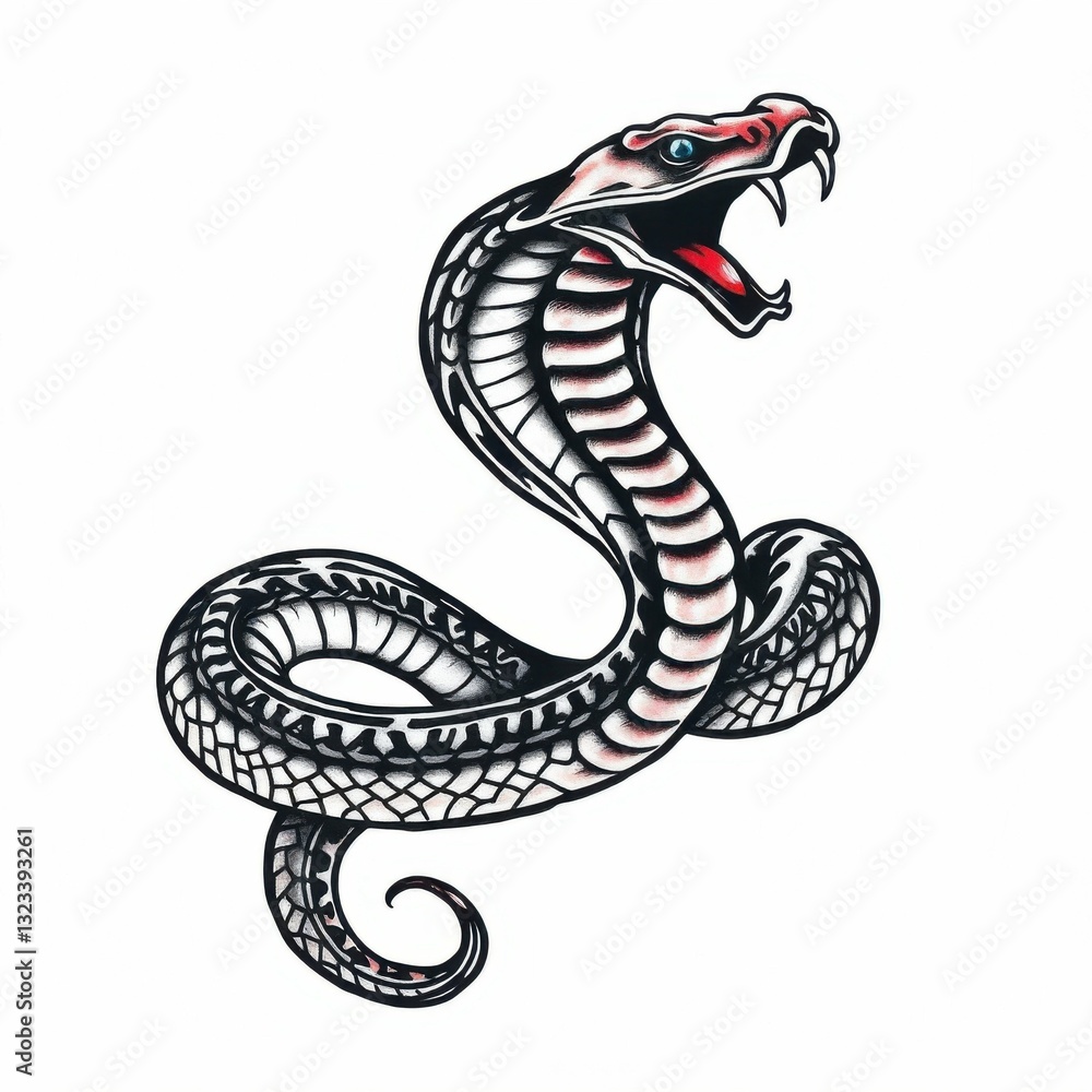 Fototapeta premium Cobra Snake Illustration: A striking illustration of a cobra snake in a defensive posture, its hood flared, and fangs bared