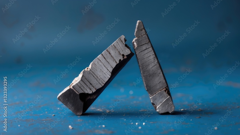 Iron fragment pieces leaning against each other on a textured blue background with soft lighting highlighting their surfaces and edges.