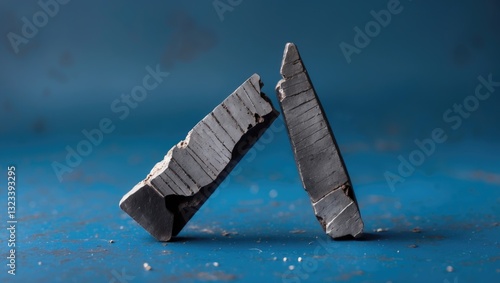 Iron fragment pieces leaning against each other on a textured blue background with soft lighting highlighting their surfaces and edges.