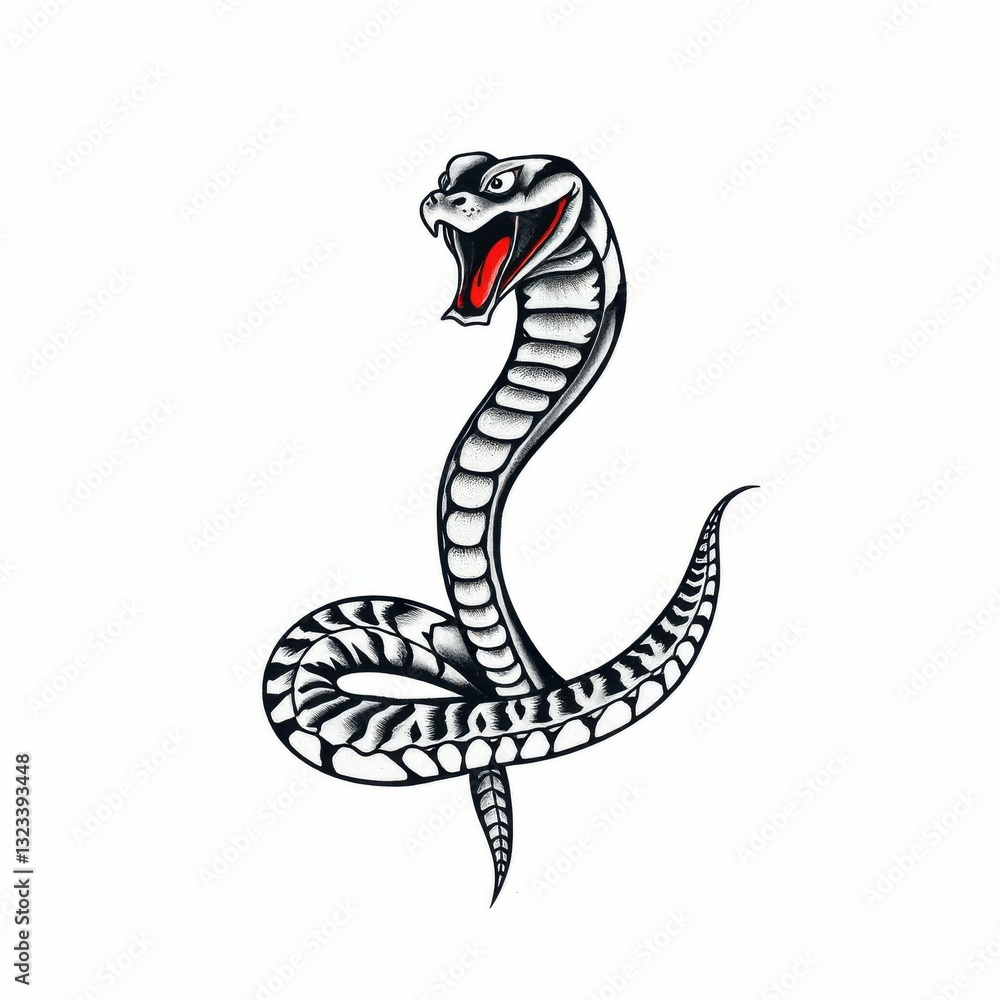 Naklejka premium Snake Emblem: A detailed illustration of a cobra snake with its hood raised, its fangs bared in a striking pose. The image showcases intricate patterns and the aggressive stance of the reptile.