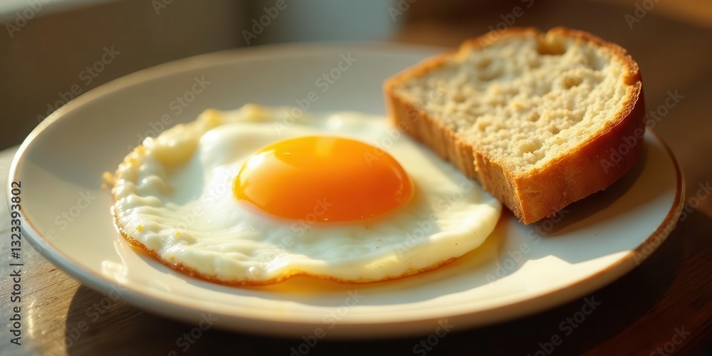 Fototapeta premium A sunny-side up egg with a perfectly cooked yolk and a slice of crusty bread on a plate in soft morning light