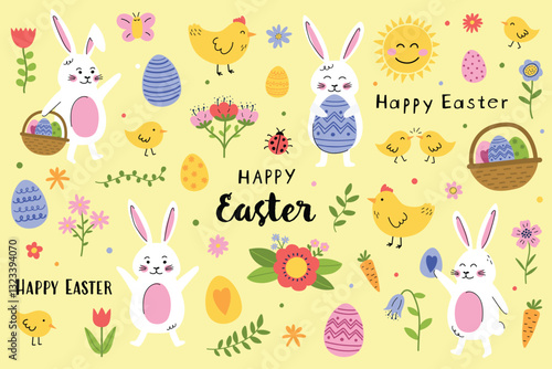 Easter set with cute elements: bunny, chick, egg and flower. Cartoon style characters. Vector illustration