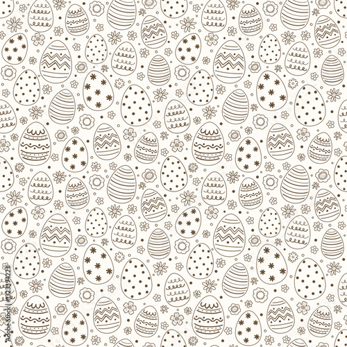 Colourful Easter texture in cartoon style. Hand drawn eggs and flowers. Doodle.  Vector illustration