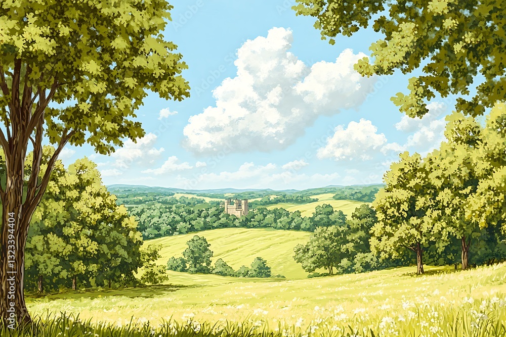 Fototapeta premium Scenic meadow view with trees, distant castle, sunny sky, illustration, for travel or nature