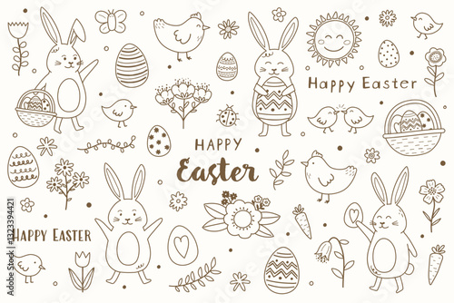 Collection of hand drawn Easter icons: bunny, chick, egg and flowers. Cute cartoon style elements. Vector illustration
