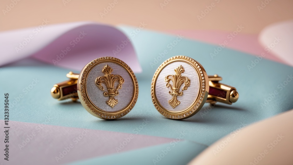 Gold luxury cufflinks with crown design on white background, positioned on soft pastel turquoise and pink layers creating an elegant business look.