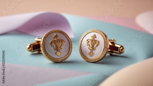 Obraz na płótnie Gold luxury cufflinks with crown design on white background, positioned on soft pastel turquoise and pink layers creating an elegant business look. w salonie