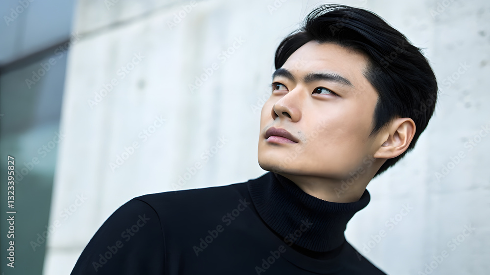 Minimalist Portrait of an East Asian Man with Sharp Features. Perfect for: Men's Fashion Editorials, Business Portraits, Asian Heritage Month, Minimalist Art Projects Minimalist Portrait of an East Asian Man with Sharp Features. Perfect for: Men's Fashion Editorials, Business Portraits, Asian Heritage Month, Minimalist Art Projects