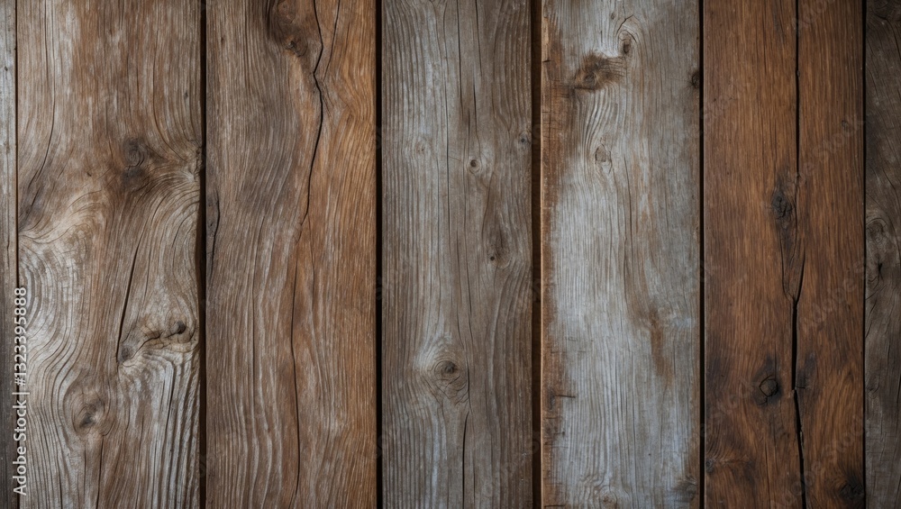 Fototapeta premium Rustic wall with a mix of light and dark wood planks featuring intricate grain patterns arranged vertically for an authentic textured backdrop