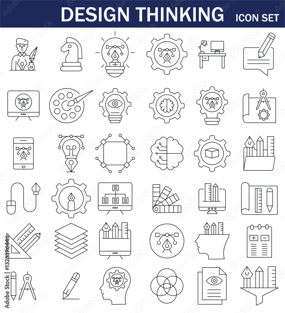 Set of 36 line icons related to creativity, idea, innovation, teamwork, invention, design thinking. Outline icon collection. Editable stroke. Vector illustration EPS10. Set of 36 line icons related to creativity, idea, innovation, teamwork, invention, design thinking. Outline icon collection. Editable stroke. Vector illustration EPS10.
