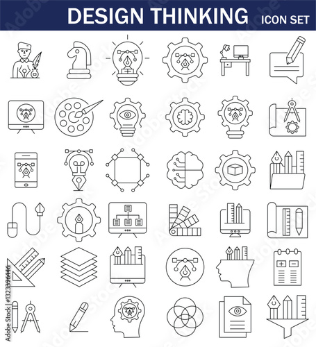 Set of 36 line icons related to creativity, idea, innovation, teamwork, invention, design thinking. Outline icon collection. Editable stroke. Vector illustration EPS10.