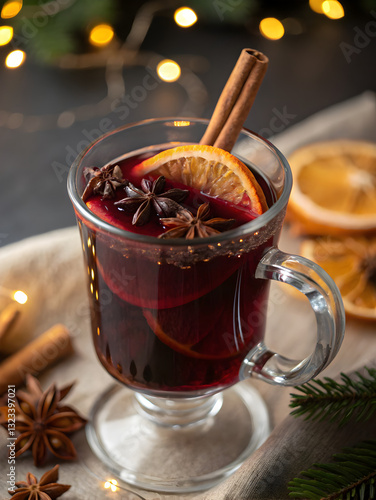 Mulled Wine in Crystal Goblet with Holiday Ambiance 