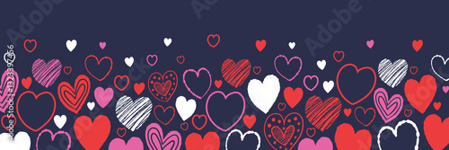 Background with hand drawn flying hearts. Banner design in cartoon style. Doodles. Concept for Valentine’s Day, Mother’s Day and Women’s Day. Vector illustration