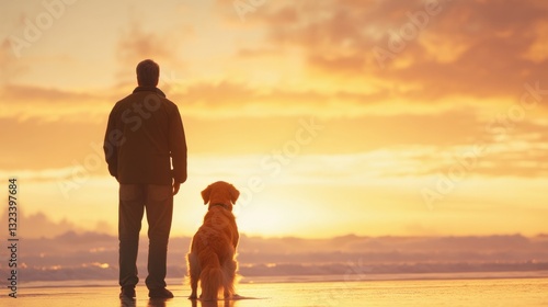 A Man and His Golden Retriever Enjoying a Serene Sunet at the Beach, Capturing the Bond of Friendship Between Human and Dog