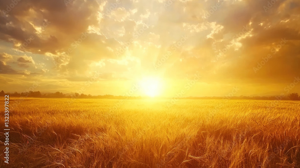 Golden Sunrise Over Wheat Field with Dramatic Clouds and Gentle Light Illuminating Nature's Beauty Golden Sunrise Over Wheat Field with Dramatic Clouds and Gentle Light Illuminating Nature's Beauty
