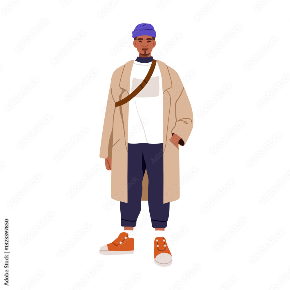 Man in modern street style outfit. Young black person standing in casual clothes, coat, beanie hat, sneakers, cross-body bag, trendy stylish look. Flat vector illustration isolated on white background Man in modern street style outfit. Young black person standing in casual clothes, coat, beanie hat, sneakers, cross-body bag, trendy stylish look. Flat vector illustration isolated on white background