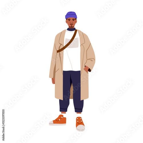 Man in modern street style outfit. Young black person standing in casual clothes, coat, beanie hat, sneakers, cross-body bag, trendy stylish look. Flat vector illustration isolated on white background