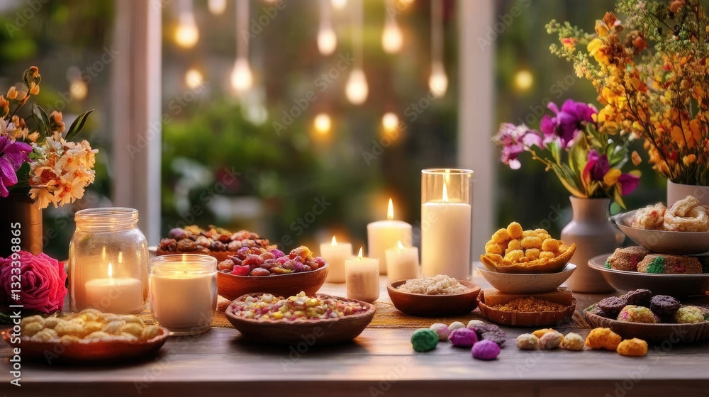 Fototapeta premium Festive Table Arrangement with Candles, Flowers, and Delicious Treats