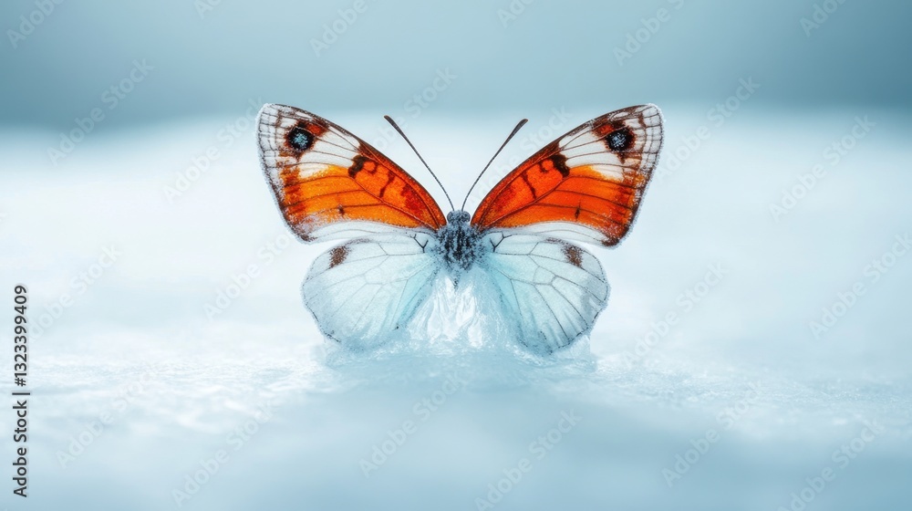 Obraz premium Elegant butterfly perched on white surface with vibrant orange wings showcasing intricate patterns and delicate features against a soft blue background
