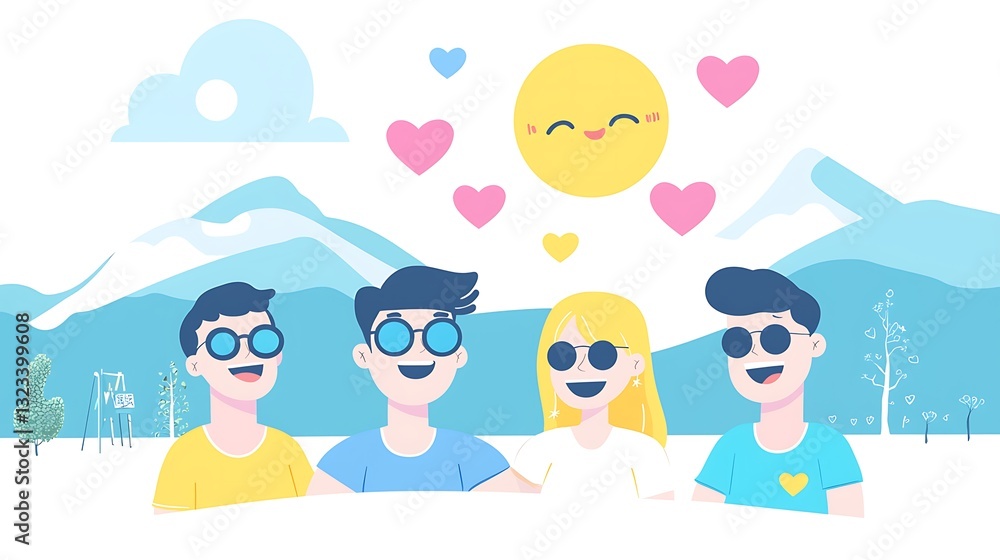 Four friends enjoying a sunny day in the mountains