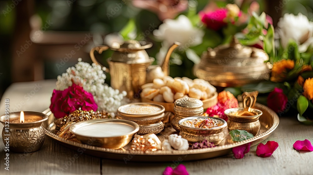Naklejka premium Traditional Indian Puja Thali with Decorative Items and Flowers